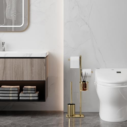 Toilet Paper Holder Set Gold Stainless Steel Freestanding Toilet Brush and Storage Basket Perfect for Organizing Bathroom with Elegance and Practicality