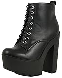 Soda Women's Gru Faux Leather Lace-up Thick Platform Chunky Heel Lug Ankle Bootie, Black, 6 M US