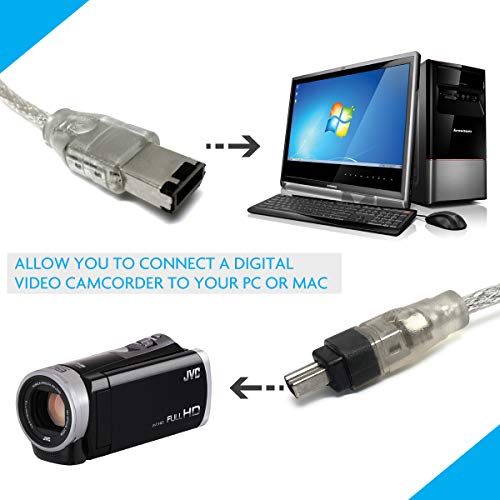 RocketBus 4-Pin to 6-Pin IEEE-1394 FireWire iLink DV Cable Cord for Computer Laptop PC to JVC Sony Camcorder