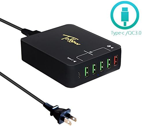 Quick Charge 3.0 USB Type C Charger, TOSSOW 6-Port 50W USB Wall Charger with USB Type C, QC 3.0 USB Charger Desktop Charger Charging Station for MacBook Pro iPhone 7/6s/ Plus, iPod, Galaxy S8 and More