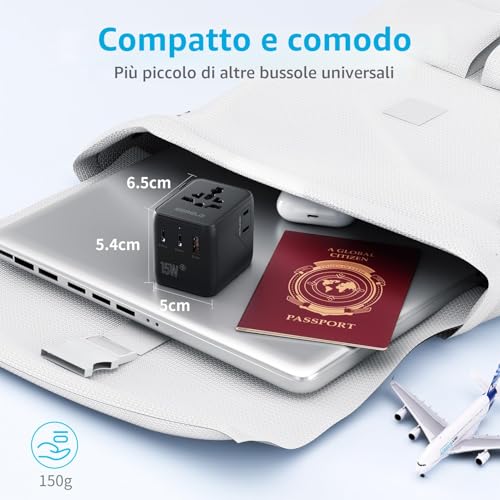 5 in 1 Universal Travel Adapter,Universal Travel Socket with 1 USB A,2 USB C,1 Universal Socket,1 US/JP Socket and Adapter International Plug for Italy UK US Australia Thailand Mexico