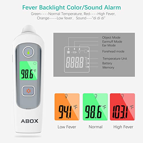 Baby Thermometer, ABOX Digital Medical Infrared Thermometer with Measuring Ear/Forehead/Object Temp, Fever Sound/Backlight Color Warning, Optional Silent Mode, 32 Recall Memory, CE FDA Approved
