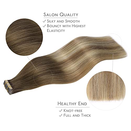 WENNALIFE 20pcs 40 cm 50 g Double Sided Real Hair Extensions Shading from Brown Walnut to Ash Brown and White Blonde Double Sided Adhesive Real Hair Extensions Silky Straight Remy Tape in Hair Extension