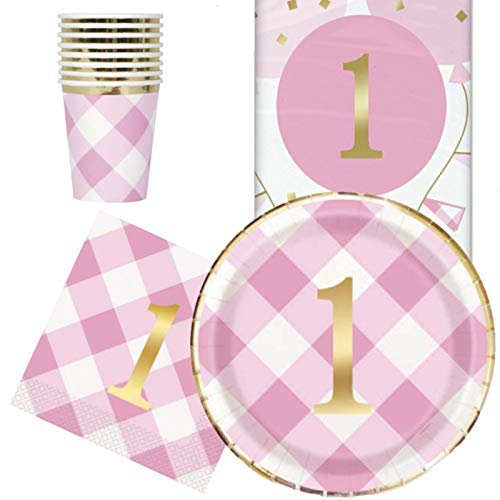 Pink Gingham 1st Birthday Party Tableware Pack for 8