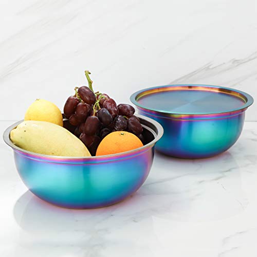 Rainbow Mixing Bowl Set of 2 with Lid 18/10 Stainless Steel Salad Bowl for Kitchen Cooking, Baking, Food Prep, Nesting Bowls With cover for Fridge Metal Storage cookware 2.6, 3.2 Liter Dishwasher Safe - Thumbnail 4