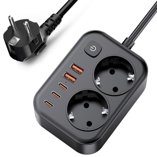7-in-1 Ciabatta Multipresa con USB e Protezione Sovratensioni, 2 Prese con Interruttore e 5 Porte USB, Cavo Prolunga 2m, Per Casa, Ufficio e Viaggi