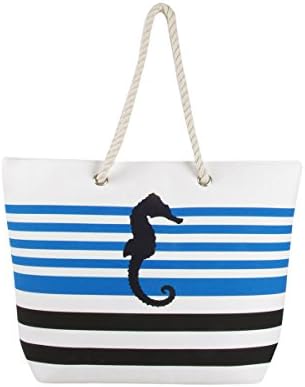 Eshma Mardini Striped Canvas Beach Bag Sea Horse Design - Tote Bag - Blue