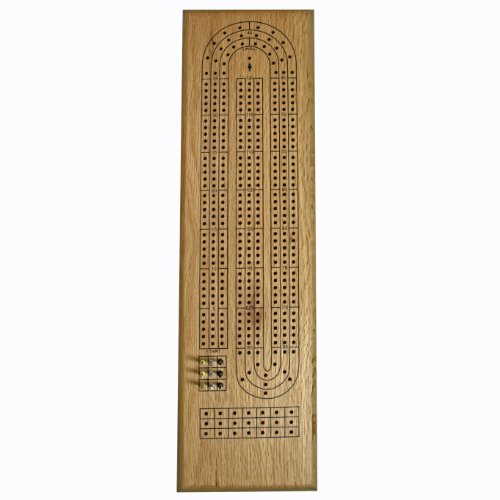 Classic Cribbage Set - Solid Oak Wood Continuous 3 Track Board with Metal Pegs