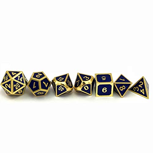 Set of 7 Metal Dice Shiny Gold Finish with Royal Blue Enamel Paint for RPG DND MTG Table Games