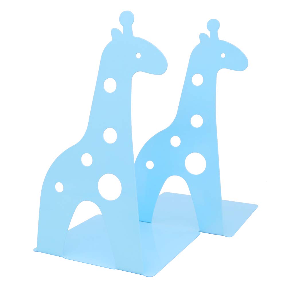 Lovely Giraffe Pattern Bookends Metal Book Ends Book Holder for Desk Organizer School Library Desk Study Home Office Decoration Kids Gift (Light Blue)