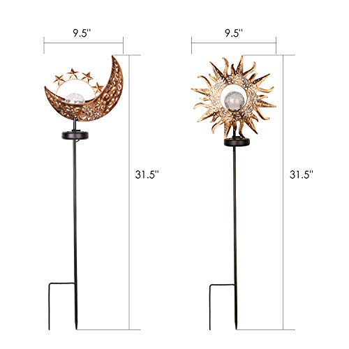 Solar Lights Outdoor Garden Decor,Waterproof Metal Sun Moon Decorative Stakes for Walkway,Yard,Lawn,Patio(2 Pack)