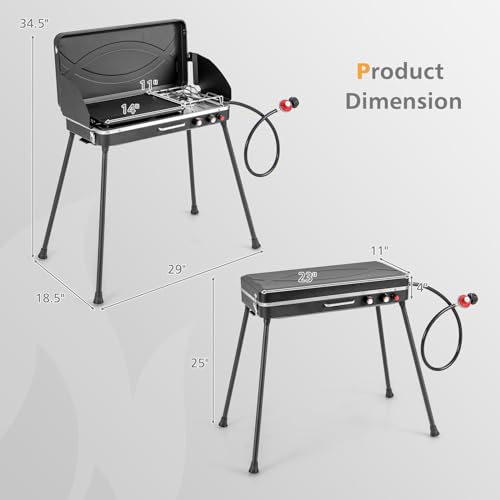 Giantex Portable Propane Grill & Camping Stove, 20,000 BTU Gas Camping Grill Burner, Independent Temperature Control, 3-Sided Wind Guard, Detachable Legs, for BBQ, Tailgating, Outdoor Cooking (Black)