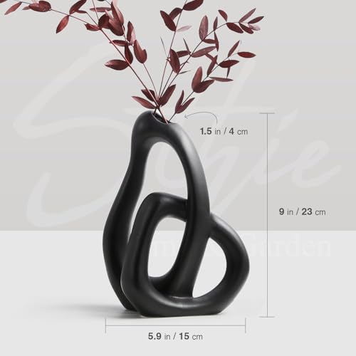 LBOYLOVE® Modern Black Ceramic Flower Vase, 9 Inch Abstract Ceramic Vase for Home Decor Aesthetic, Boho Decorative for Bouquet Pampas Grass, Living Room Bedroom Kitchen Maximalist Decor (Black)