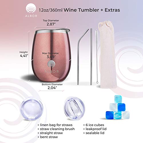 Albor Triple Insulated Wine Tumbler with Lid Stainless Steel 12 Oz Tumbler Rose Gold