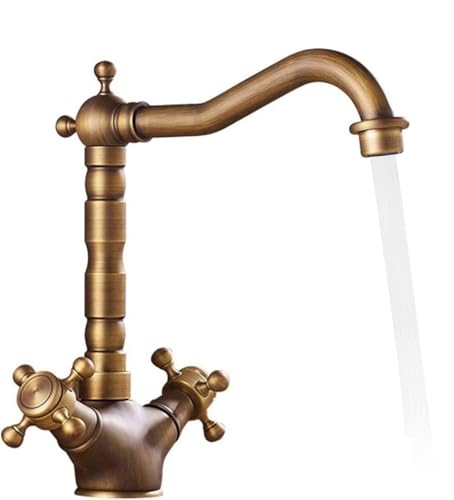 Vintage Kitchen Sink Tap, 360° Rotatable Brass Bathroom Sink Mixer Tap, Double Handle Bathroom Tap, Hot and Cold Tap, with Flexible Hose, Durable Design