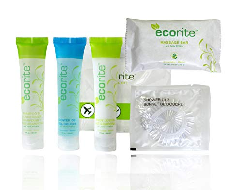 World Amenities - Ecorite - Toiletry Travel Kit - 2 in 1 Shampoo/Conditioner, Body Lotion, Body Gel, Massage Soap Bar, Shower Cap, Paraben Free, 100% Biodegradable Environmentally Friendly