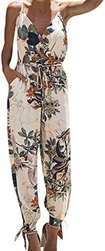 Mitiy Women's V Neck Floral Print Spaghetti Strap Split Beam Foot Jumpsuit Rompers