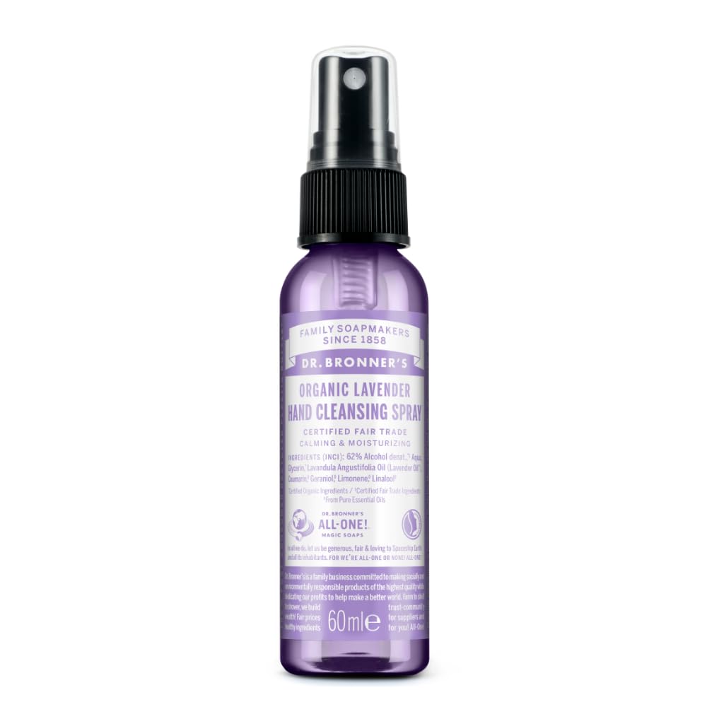 Dr Bronner's Organic Lavender Hand Cleansing Spray, Made Organic Ingredients and No Harsh Chemicals, Used for Hands & Surfaces, Certified Fair Trade & Vegan Friendly, 60ml Spray Bottle