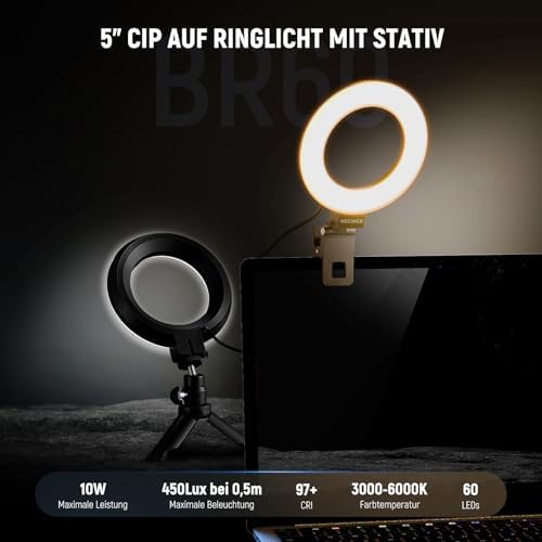 Basics 5" Ringlicht mit Mini Stativ Ständer für Tisch Videokonferenz Licht, Clip on Streaming Set für Monitor Webcam Laptop Computer Make up Selfies Videoaufnahmen, Reinigungstuch, BR60