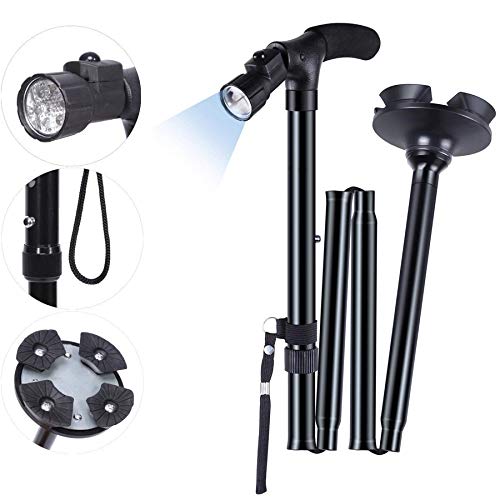 LED Walking Stick, Easy Adjustable Height Folding Extendable Walking Cane Walking Aid Mobility Aid Collapsible Walking Stick, Black