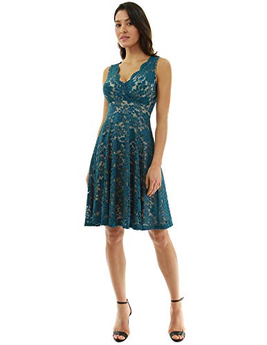 PattyBoutik Women Floral Lace Overlay Fit and Flare Dress (Teal and Beige Small) - Thumbnail 4