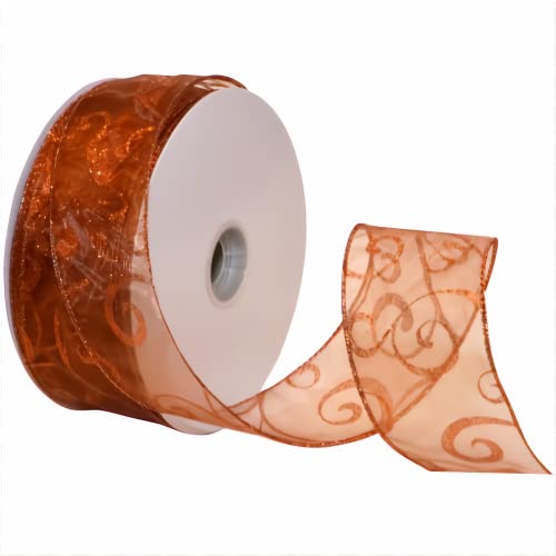 Morex Ribbon 7416.60/50-633 Swirl 2.5" X 50 YD Nylon Sheer Curling Wired Glitter Ribbon, Copper, Holiday Ribbons for Crafts and Christmas Decorations, Indoor Christmas Ribbon for Gift Wrapping — image 1