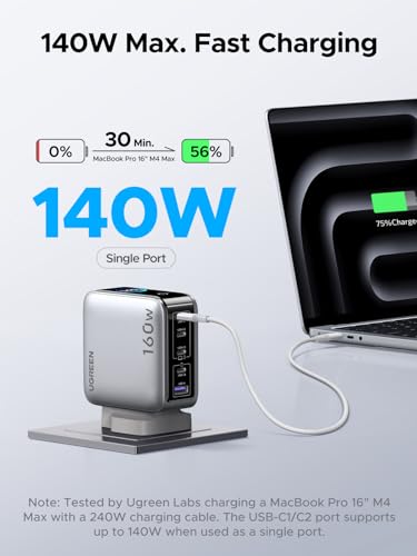 UGREEN Nexode Pro 160W Type C Fast Charger, Smart Display USB C GaN Charge Adapter 5-Port Laptop Charging Compatible for iphone 17 Pro Max, Galaxy S26/25 Ultra, iPad, MacBook, Honor, Lenovo, Dell, HP