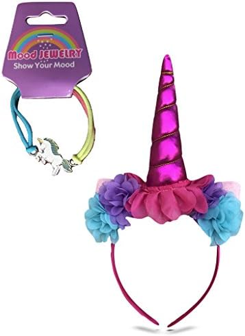 Deluxe PINK Unicorn Horn HEADBAND w/ BRACELET for Birthday Party Cosplay Costume Christmas Stocking Stuffer Headpiece (Rainbow + Bracelet)