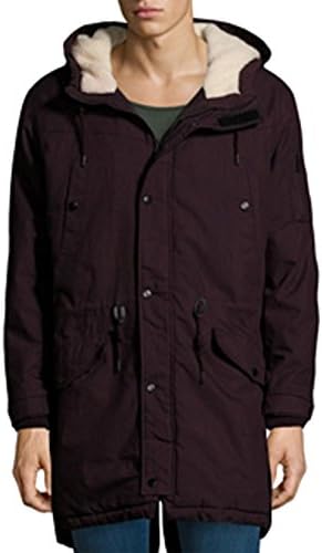 Bershka Men's Parka Jacket With Adjustable Hood Removable Faux Fur Elasticated Cuffs Size XXL Extra Extra Large (XXL, Plum)