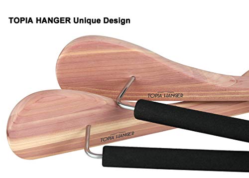 TOPIA HANGER American Red Cedar Suit Coat Jacket Wood Hangers, Luxury Wooden Hangers with No Painting, Wide Shoulder with Black Non-Slip Foam Padded Pant Bar- 360°Flexible Hook, 4 Pack- Natural- CT07N