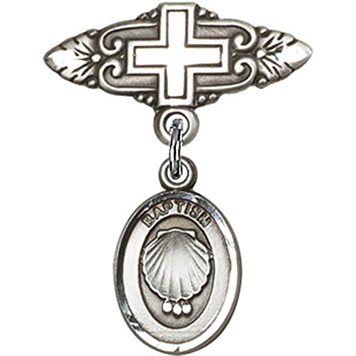 Sterling Silver Baby Badge with Baptism Charm and Badge Pin with Cross 1 X 3/4 inches