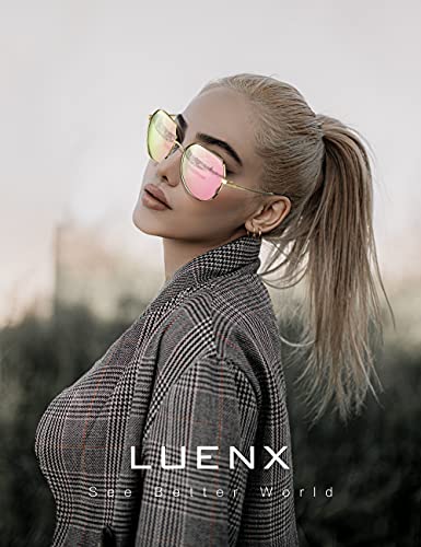 LUENX Women Sunglasses Polygon Round Square Polarized - Gold Frame Gold Temple Mirrored Driving uv 400 Protection 58 MM(Pink)