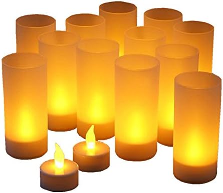 Flameless Candles, Joso Set of 12 Flickering Amber LEDs Rechargeable Tea Lights Candles with Diffused Votives, Wax-less &amp; Flameless, Ideal for Weddings Parts Homes Restaurants