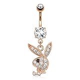 Paved Gems Playboy Bunny Rose Gold Navel Ring Freedom Fashion 316L Surgical Steel