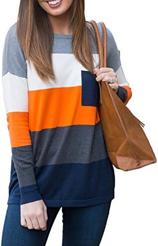 Wordbuy Women's Crewneck Color Block Long Sleeve Loose Pullover Tunic Blouse With Pockets