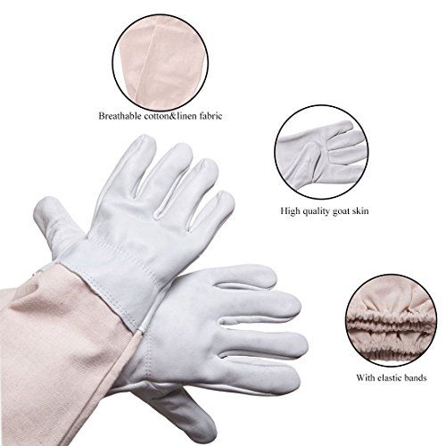 Feekr Professional Beekeeping Suit Jacket with Pants and Goat Skin Long Sleeve Gloves, Medium（White）