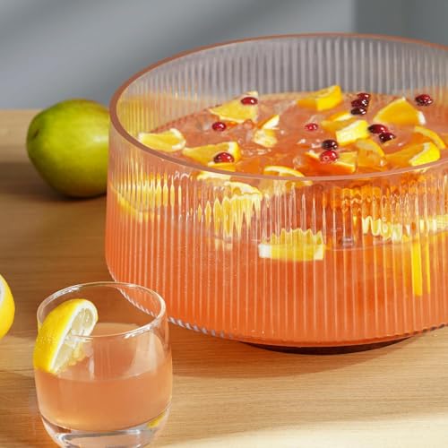 SLEEPHEAD® Extra Large Glass Salad Bowl with Natural Acacia Wood Base, Ribbed Design Oversized Capacity for Family Dinners, Parties, Multipurpose for Serving Salads, Fruits, Wine
