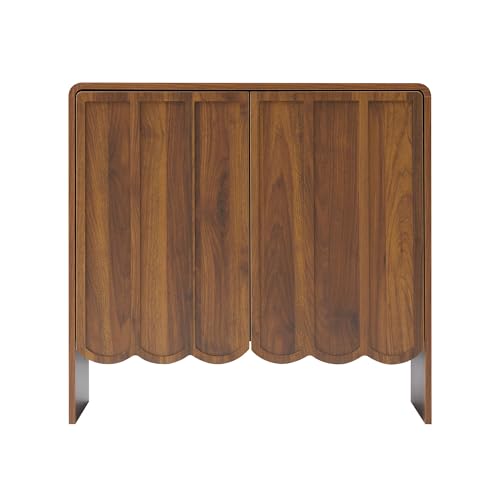 Sideboard Buffet Cabinet Set of 2, Accent Storage Cabinet with 2 Doors, Farmhouse Wood Cabinet with Adjustable Shelves and Wave Panel for Living Room, Dining Room, Entry - Walnut