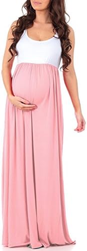 Trancylight Women Casual Sleeveless Color Block Maternity Dresses Stretch Maxi Tank Dresses (Pink, L)