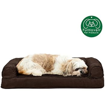 Furhaven Pet Dog Bed | Cooling Gel Memory Foam Ultra Plush Faux Fur & Suede Traditional Sofa-Style Living Room Couch Pet Bed w/ Removable Cover for Dogs & Cats, Espresso, Medium