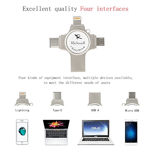 iPhone USB Flash Drives 64GB memory stick 3.0 U disk Richwell External Storage 4in1 for Apple iPhone iPad iOS Mac Android Type-C 3.1 and Computers (Silver64G)