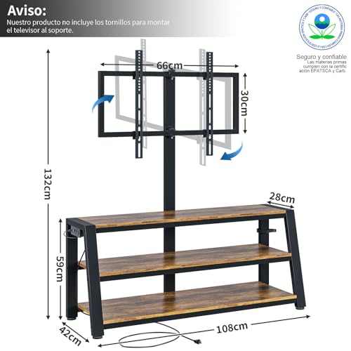 Simple Wisdom Mueble para TV,Mueble TV con Soporte Giratorio,Mesa para TVs con Toma Corriente y Luz LED,para Televisor 32 a 65 Pulgadas,Muebles de TVs Abierto de 3 Niveles(Retro)