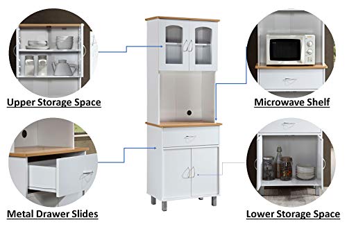 Hodedah Long Standing Kitchen Cabinet with Top & Bottom Enclosed Cabinet Space, One Drawer, Large Open Space for Microwave, White