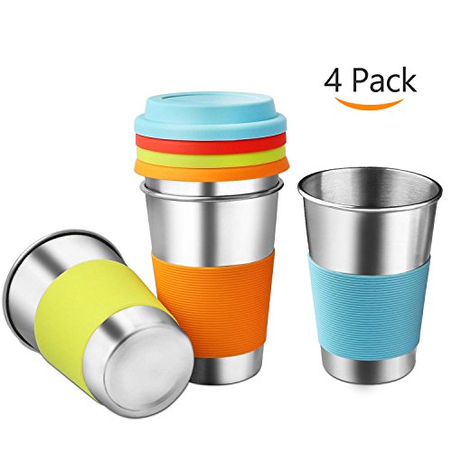 Healthy Stainless Steel Cups with Silicone Sleeves & Lids,Srinea 4 pack 16 oz.18/8 Stackable Drinking Tumblers BPA-Free for Adults,Kids and Toddlers