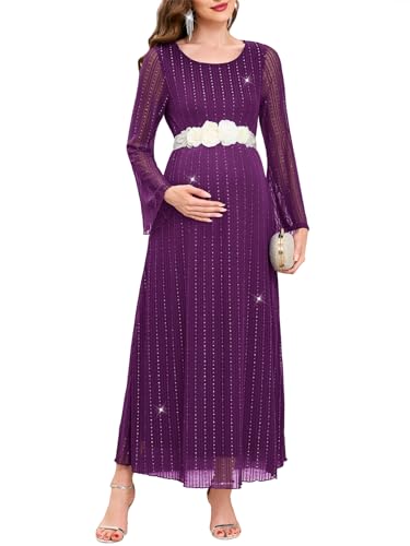 AISWI Maternity Sparkly Mesh Dress Bell Long Sleeve Round Neck A Line Flowy Pregnancy Dresses Baby Shower Semi Formal, 1.Rose Purple, with Flower Sash, Large at Amazon