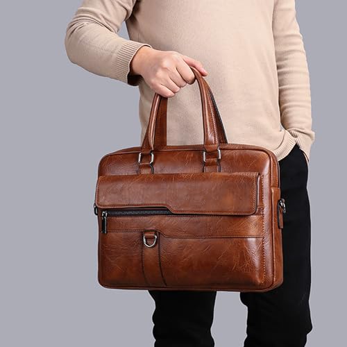 Aishini Men's Leather Briefcase & Messenger Bag - 16 inch Laptop Satchel with Adjustable Shoulder Strap, Waterproof Large Capacity Business Handbag for Professionals - [ 42 x 38 x 6cm ] Tan Brown | ASLPTOP02