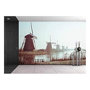 Traditional Dutch Windmills in Winter at Kinderdijk, Netherlands - Removable Wall Mural | Self-Adhesive Large Wallpaper - 66x96 inches