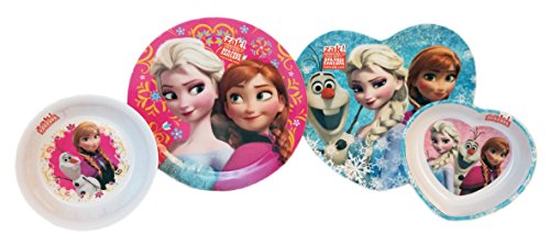 Frozen Disney Princess Dinerware set. Matching Heart Shaped Bowl and Dinner Plate with Elsa, Anna and Olaf from Frozen & Matching Cereal Bowl featuring Anna & Olaf & Dinner plate with Elsa & Anna.