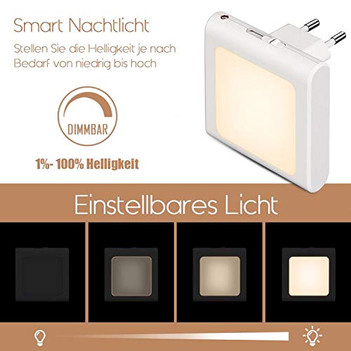 Emotionlite Night Light with Twilight Sensor, 2 Pieces Brightness Infinitely Adjustable Very Good for Children's Room, Stairs, Bedroom, Kitchen, Orientation Lamp, Warm White