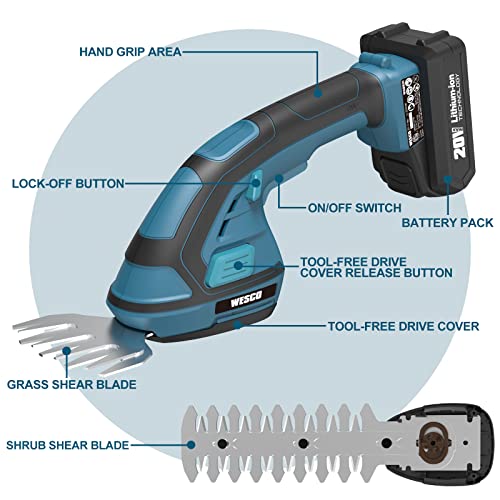 WESCO 20v Cordless Grass Shear,Bush Trimmer/Grass Cutter,2in1